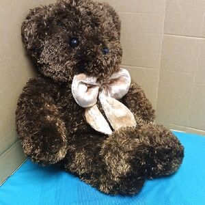 FUZZY Brown Teddy Bear with Cream Bow 18" EUC
